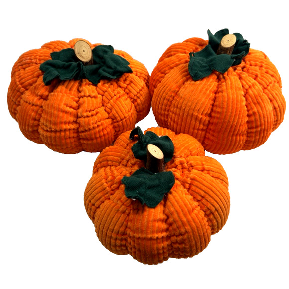 3 Orange Corduroy Pumpkin Plush Wood Stems Felt Leaves Fall Harvest Decor Jo-Ann - Picture 4 of 10